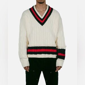 MNML Cream Cable Knit V-Neck Sweater with Red & Green Trim